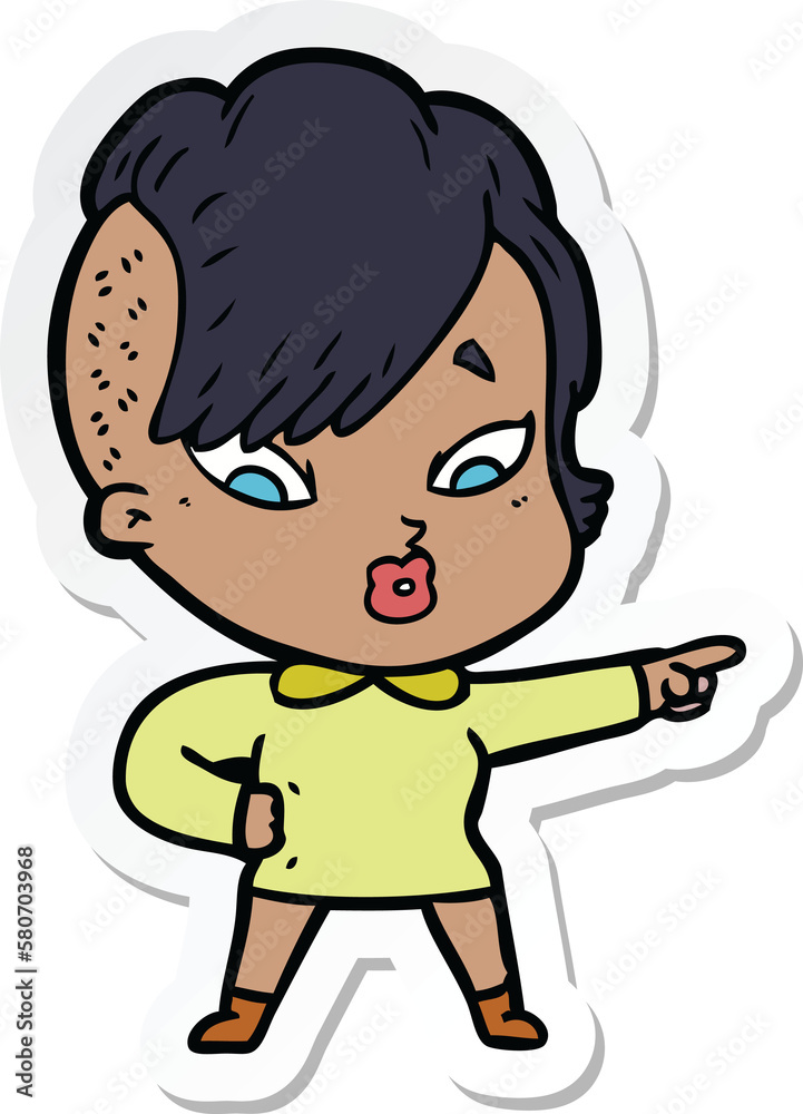 sticker of a cartoon surprised girl pointing sticker of a cartoon surprised girl pointing