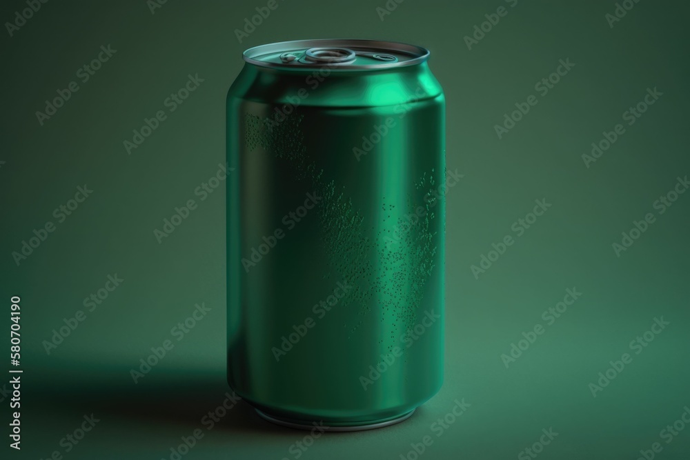 A dark green can with no labeling on a green background. Generative AI. A dark green can with no labeling on a green background. Generative AI.