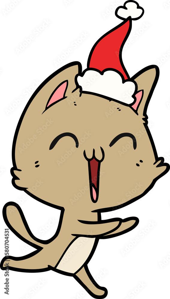 happy line drawing of a cat meowing wearing santa hat happy line drawing of a cat meowing wearing santa hat