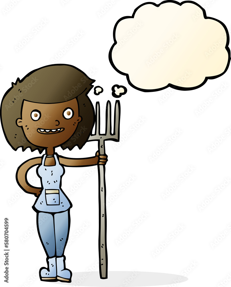 cartoon happy farmer girl with thought bubble