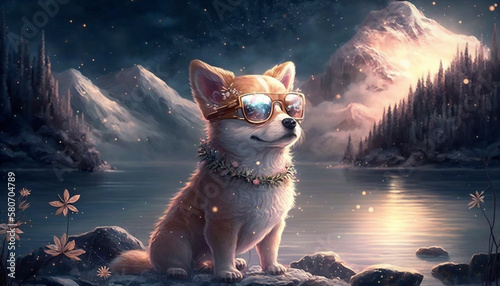 Cute happy dog wearing sunglasses with landscape background, fantasy arts, AI art