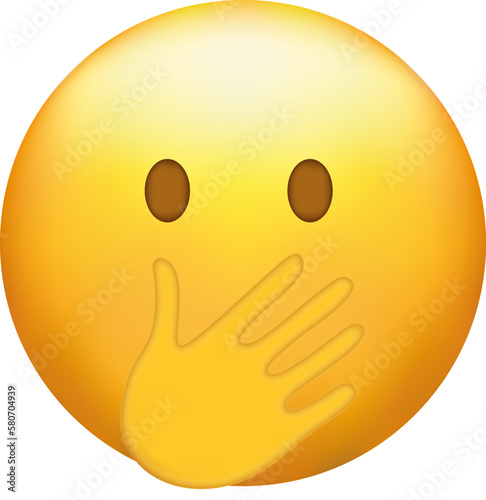 Flushed emoji with big eyes. Embarrassed emoticon, cover mouth with hand.