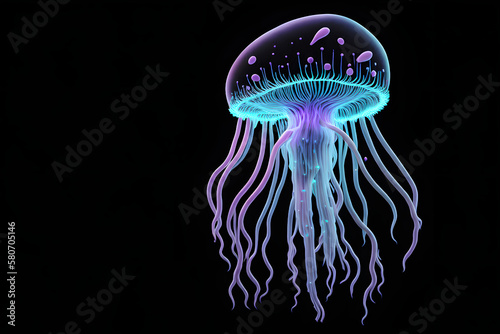 Glowing sea jellyfish on dark background. Generative AI