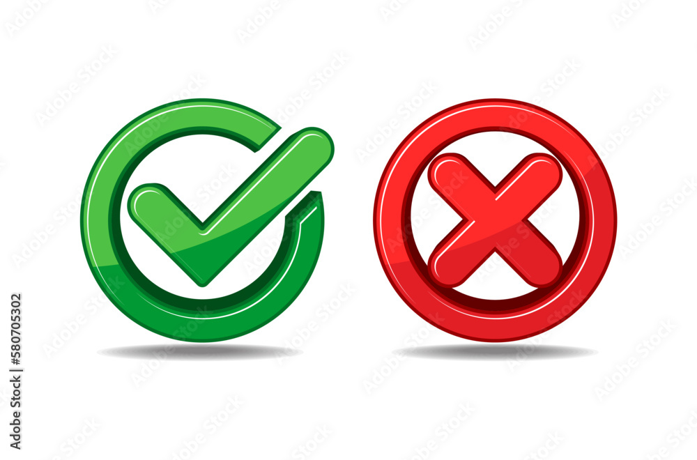 Tick and cross 3D signs. Yes and No, consent and protest, like and dislike. Green checkmark and red X icons on transparent background. - obrazy, fototapety, plakaty 