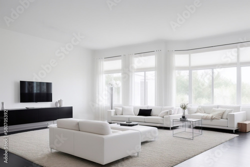 Television on stand, living room with large white couches, table and large windows. Minimalism. Generative AI technology