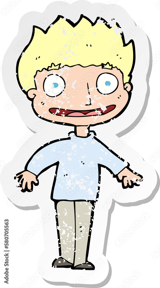 retro distressed sticker of a cartoon excited boy retro distressed sticker of a cartoon excited boy
