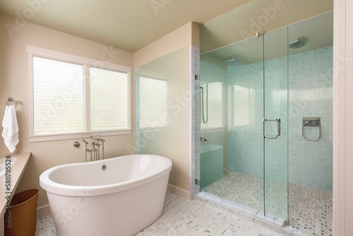 Bathroom is spa-like with tub and large glass-enclosed shower. Floor are tiled in beautiful mosaic pattern. Window over the bath. Generative AI technology