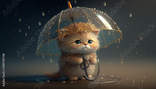Cute and adorable cartoon kitten in the rain holding an umbrella, fantasy arts, surrealism, AI art