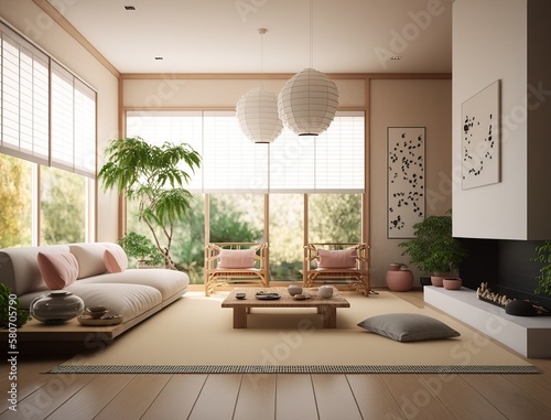 Illustration of a bright Japanese living room  created with Generative AI technology