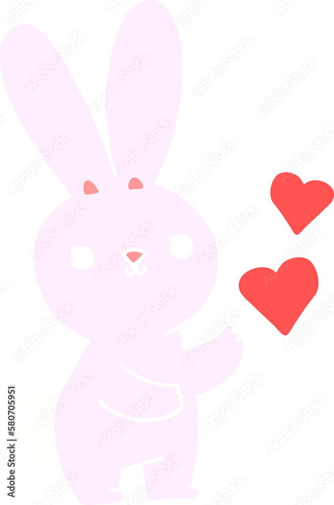 cute flat color style cartoon rabbit with love hearts