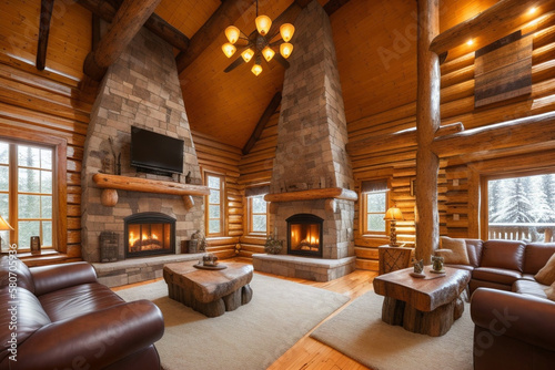 The interior of a large log wooden house in brown tones with two fireplaces lined with natural stone, soft leather sofas and a wooden table in the center. Soft light from large windows. Generative AI 