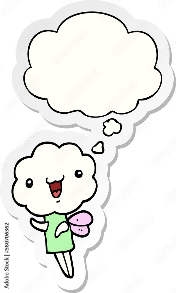cute cartoon cloud head creature and thought bubble as a printed sticker cute cartoon cloud head creature and thought bubble as a printed sticker