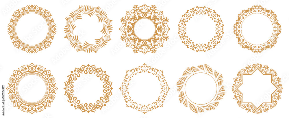 Set of decorative frames Elegant vector element for design in Eastern style, place for text. Floral gold and white borders. Lace illustration for invitations and greeting cards Set of decorative frames Elegant vector element for design in Eastern style, place for text. Floral gold and white borders. Lace illustration for invitations and greeting cards
