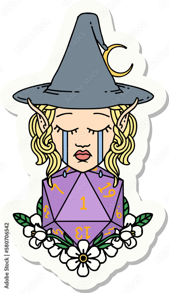 crying elf witch with natural one D20 roll sticker