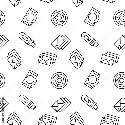 Seamless repeating monochrome pattern of photo cameras and camera shutter. Perfect for web sites, apps, shops, backgrounds, wallpapers