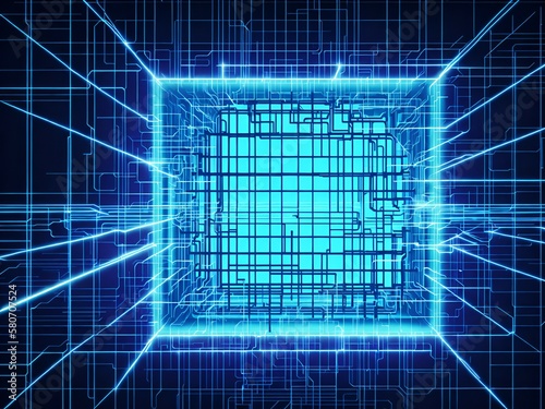 abstract technology blue background with growing lines. Abstract technology design with neon colors and grid lines. Representing chips, ai, machine learning, gpu, cpu, computer, internet, cloud, gpt 
