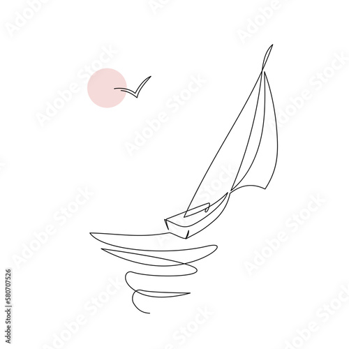 Abstract continuous line drawing of yacht sailing on sea during sunset