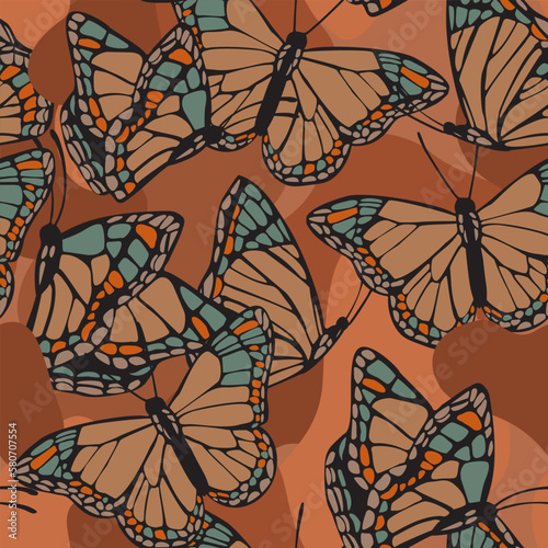 Beautiful butterflies seamless pattern. Flying insects on geometric background.
