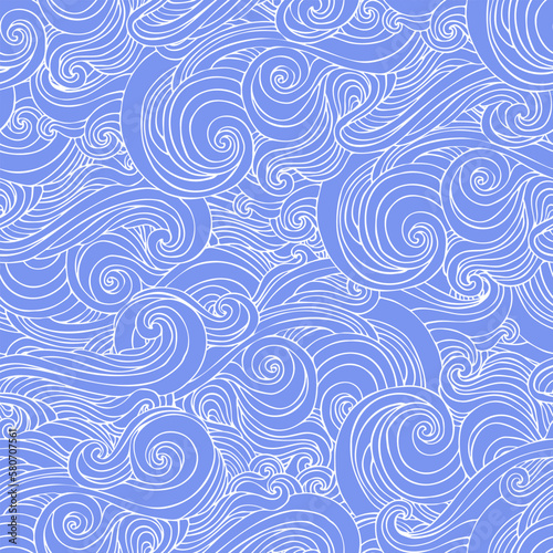 Abstract sea waves seamless pattern. Curly wavy doodle background.