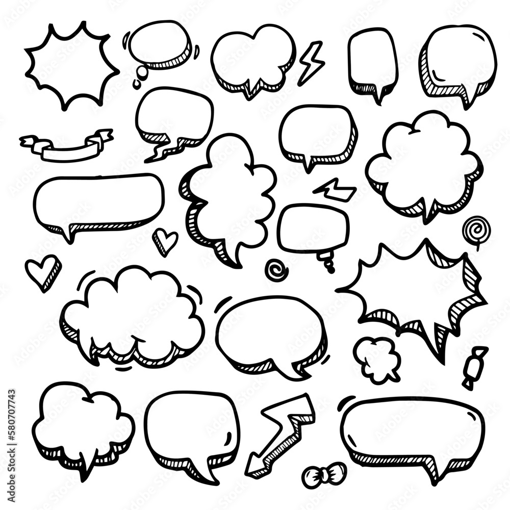 white doodle cartoon speech bubble with various shapes for comic chat box where to add words, speech or talk isolated on white background. vector illustration white doodle cartoon speech bubble with various shapes for comic chat box where to add words, speech or talk isolated on white background. vector illustration
