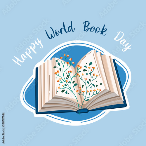 Postcard for world book day. Open book to read in flat design style with plants. Vector.