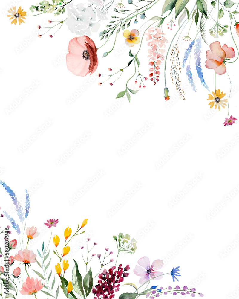 Border made of watercolor wild flowers and leaves, summer wedding and greeting illustration - obrazy, fototapety, plakaty 