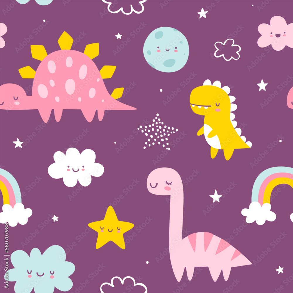Cute pattern with sleeping dino in the sky. Seamless print with cute dinosaurs for baby girls bedding and pajamas.