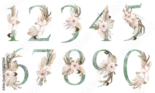 Watercolor green numbers with antlers, dried leaves and tropical flowers bouquet, Boho illustration photo