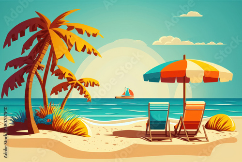 Tropical beach abstract background. Graphic art design illustration. Generative ai © tonktiti