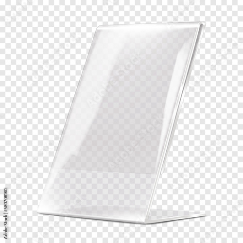 Plexi stand vector mockup. Clear acrylic table information display on transparent background. Plastic L-shaped poster holder realistic mock-up. Template for design