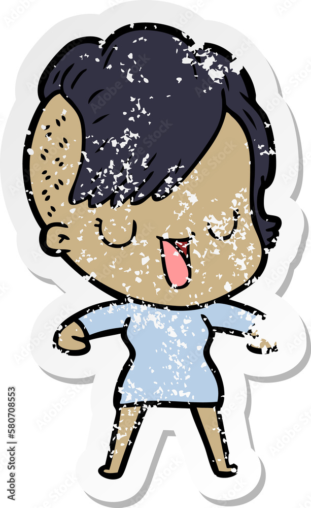 distressed sticker of a cute cartoon girl with hipster haircut distressed sticker of a cute cartoon girl with hipster haircut