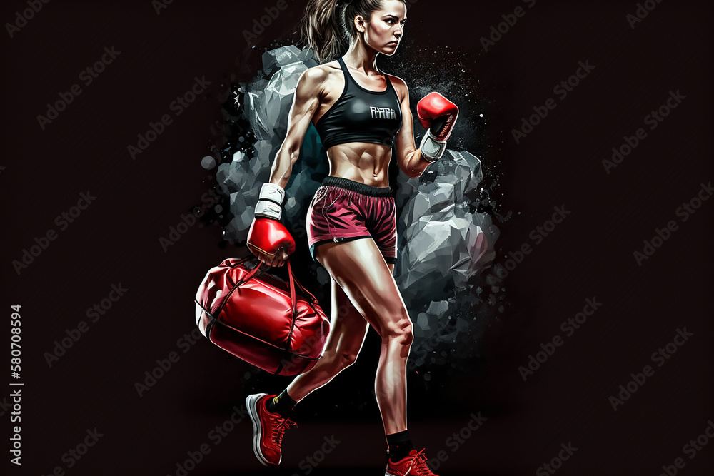 Female boxer in athletic gear with gloves and gym bag walking with determination and focus.