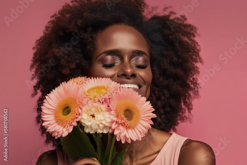 Woman feeling blissful while embracing a bouquet of pink gerberas, captured in a tender moment.