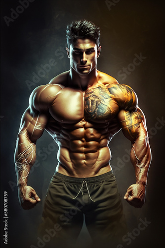 Bodybuilder with dramatic lighting showing off muscular physique, symbolizing strength and hard work. © Liana