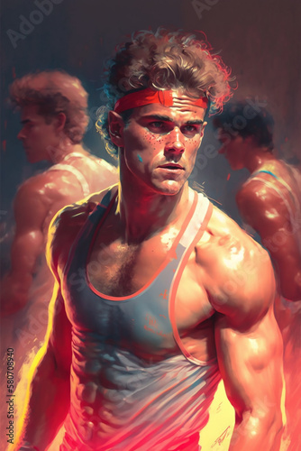 Illustration of a muscular athlete in a dynamic pose with a headband, emphasizing strength and fitness. © Liana