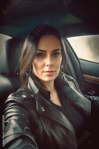 Confident woman in a leather jacket sitting in a car, showcasing a modern and independent lifestyle. © Liana