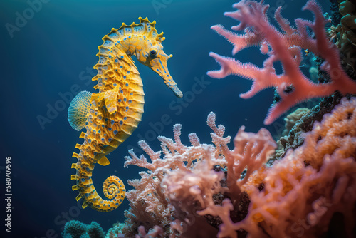 Image for 3d floor. Underwater world. Seahorse. corals. (ai generated) photo