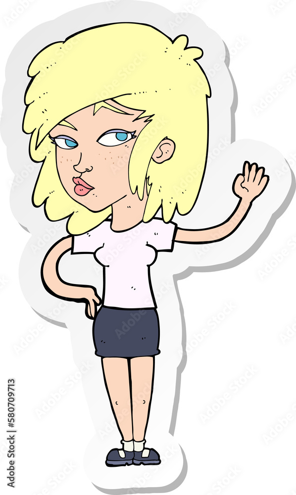 sticker of a cartoon pretty woman waving sticker of a cartoon pretty woman waving