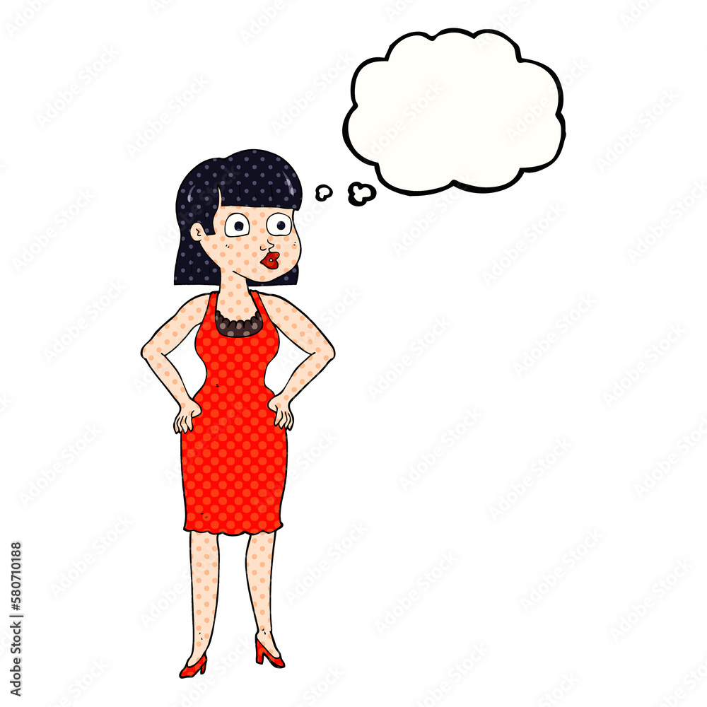 thought bubble cartoon woman in dress with hands on hips thought bubble cartoon woman in dress with hands on hips