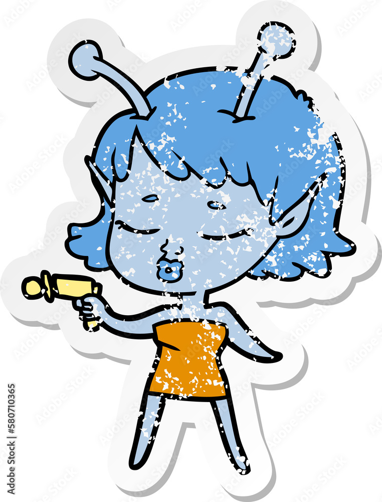 distressed sticker of a cute alien girl cartoon distressed sticker of a cute alien girl cartoon