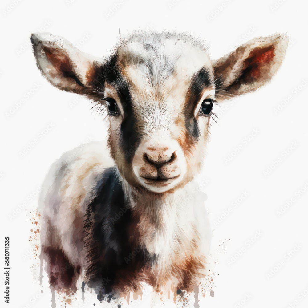 Fototapeta premium Cute little goat in watercolor style. Generative AI art.