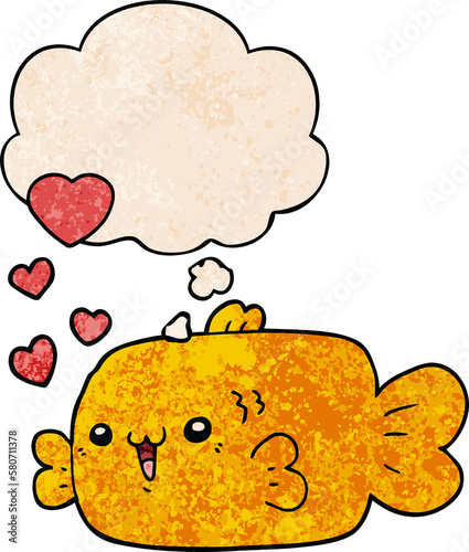 cute cartoon fish with love hearts and thought bubble in grunge texture pattern style