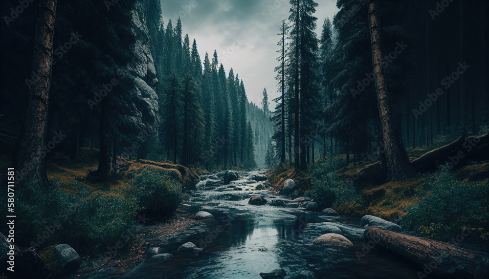 Beautiful and rainy forest with a river going through it