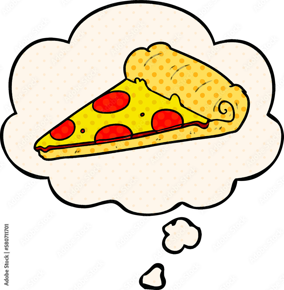 cartoon pizza slice and thought bubble in comic book style cartoon pizza slice and thought bubble in comic book style