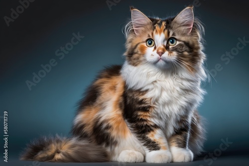 Front view of a fluffy cat looking at the camera on a blue background. Young calico or torbie cat with long hair sitting in front of a colored background with space to write. 10 month old female kitte