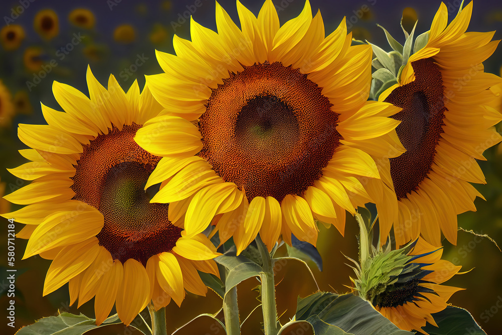 Sunflowers are characterized by the turn of the inflorescences to turn in the direction of the sun. Generative Ai