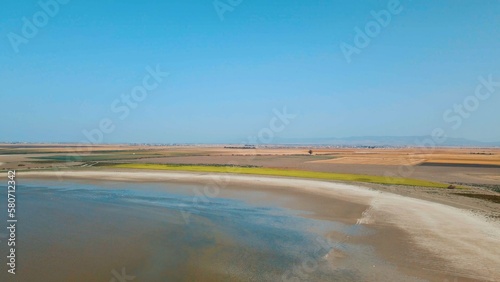 Aerial view of lake with flamingos in Northern Cyprus