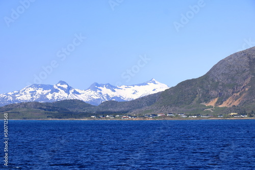 Mountains and fjords on Lofoten islands, Norway viewed from the boat