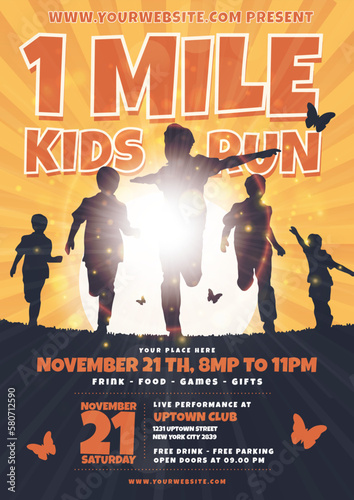 A poster for 1 mile kids run with sunset and butterflies on background in orange and black colors