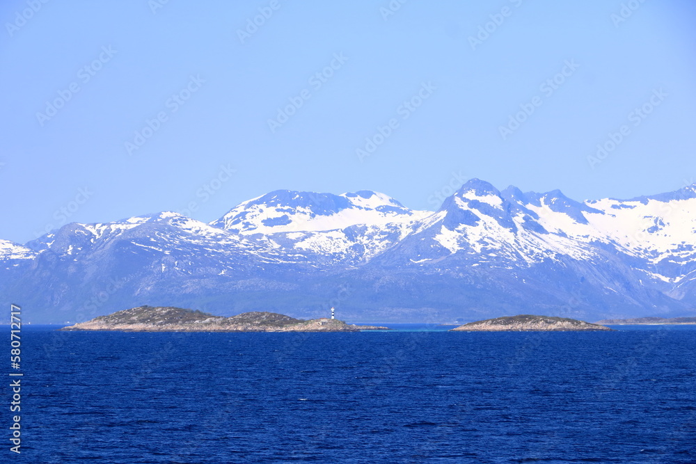 Mountains and fjords on Lofoten islands, Norway viewed from the boat
